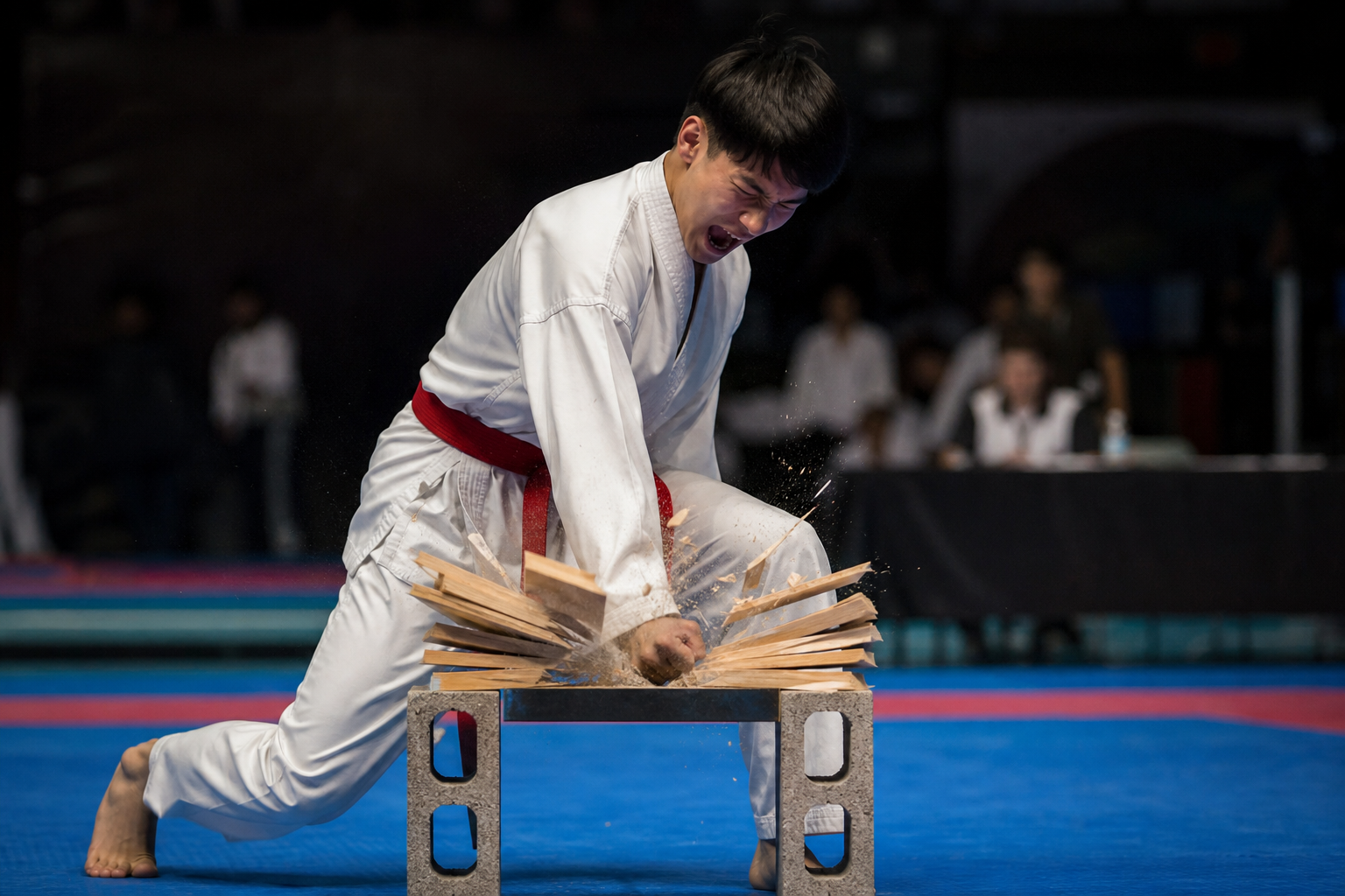 Taekwondo athlete in white v-neck dobok breaking boards at a tournament