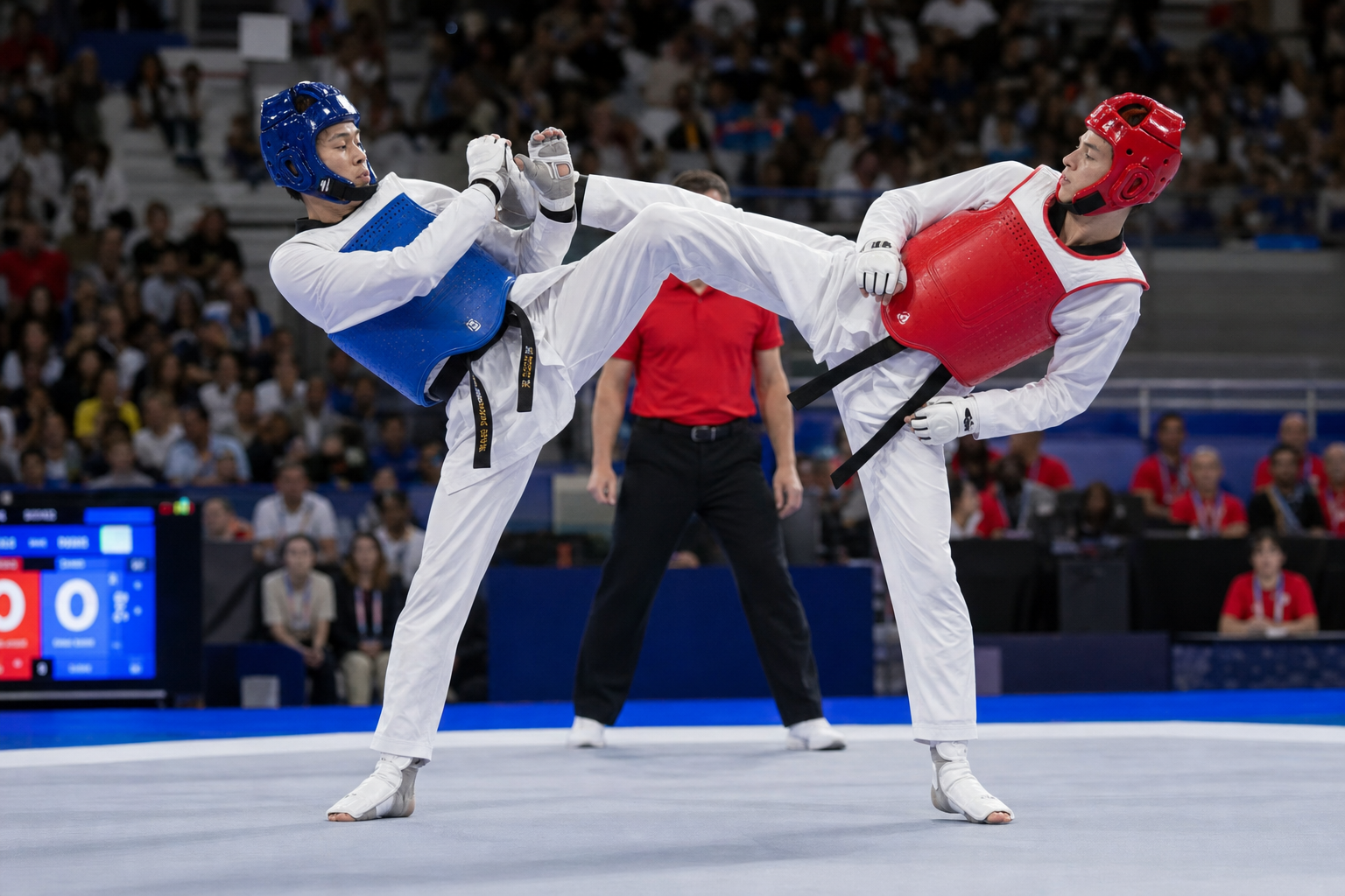 Olympic-style taekwondo sparring with athletes in white v-neck doboks, DaeDo Gen3 electronic headgear and chest protectors on official tournament mats