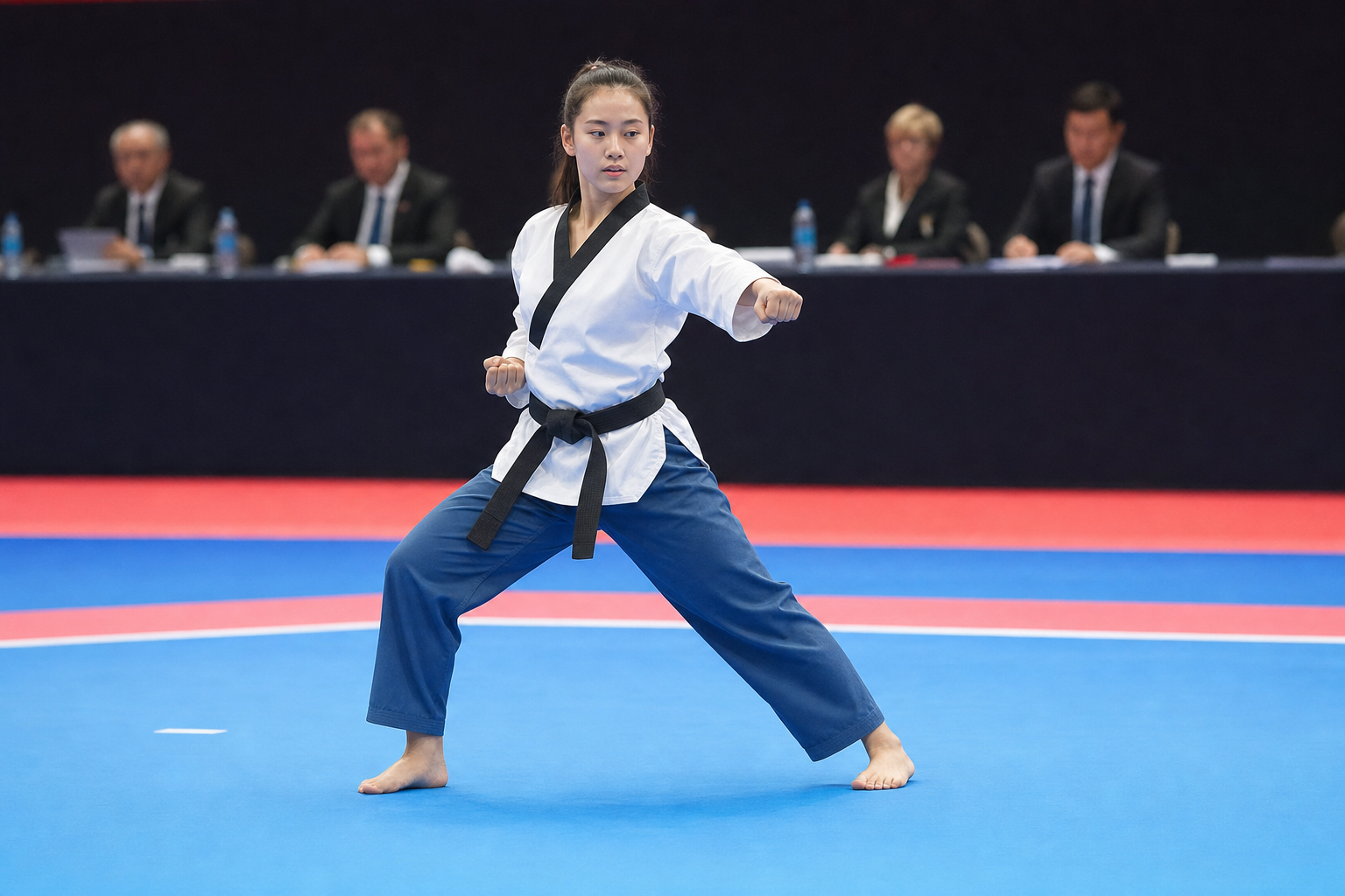 Sport Poomsae competitor in World Taekwondo sport poomsae uniform performing on tournament mats