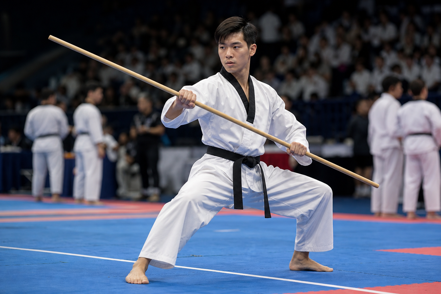 Taekwondo weapons competitor performing a bo staff form on official tournament mats