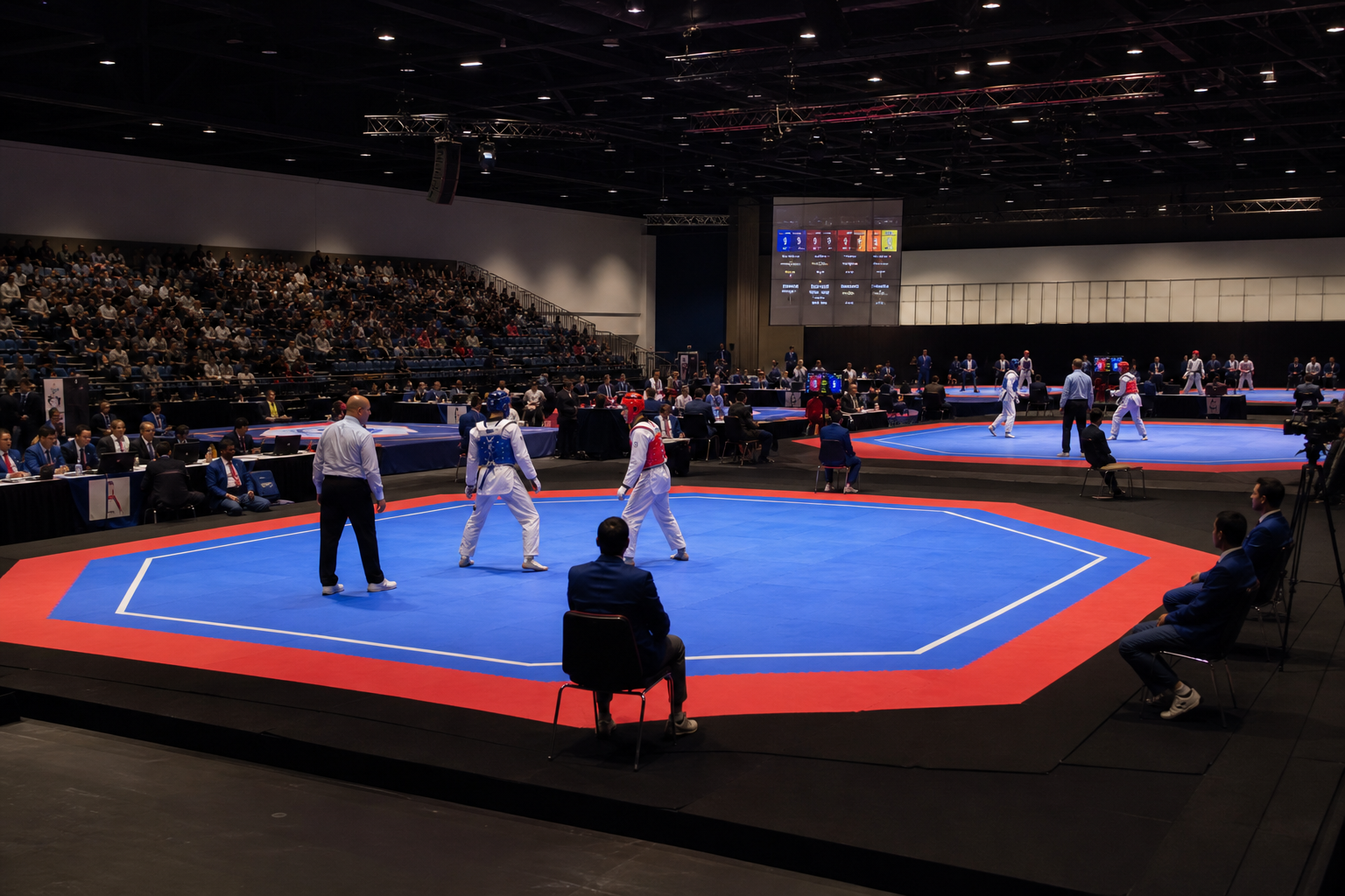 Professional taekwondo tournament arena with official blue and red competition mats